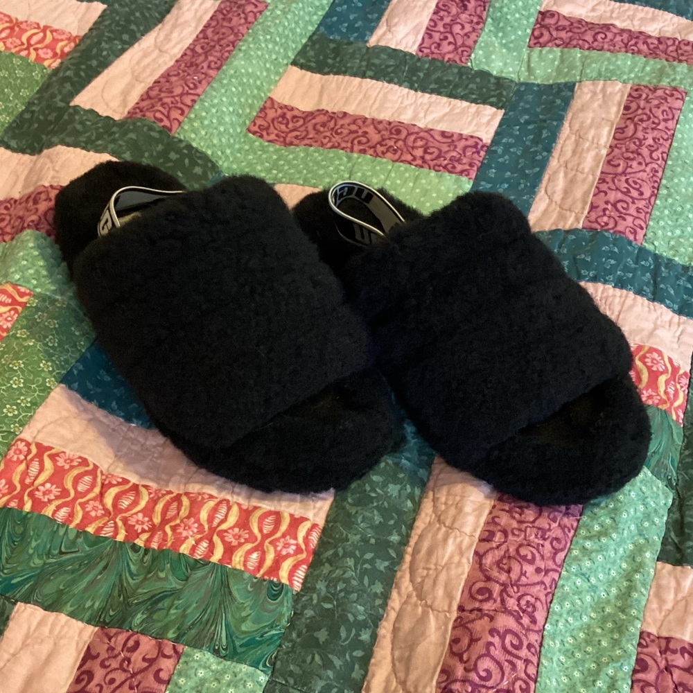 UGG Black Fluffy Slippers